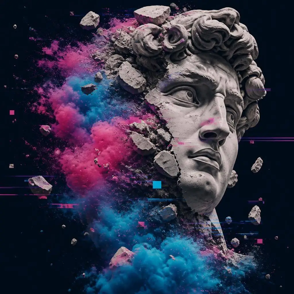 Fragmentierter Marmorkopf mit pink und blauen Farbwolken